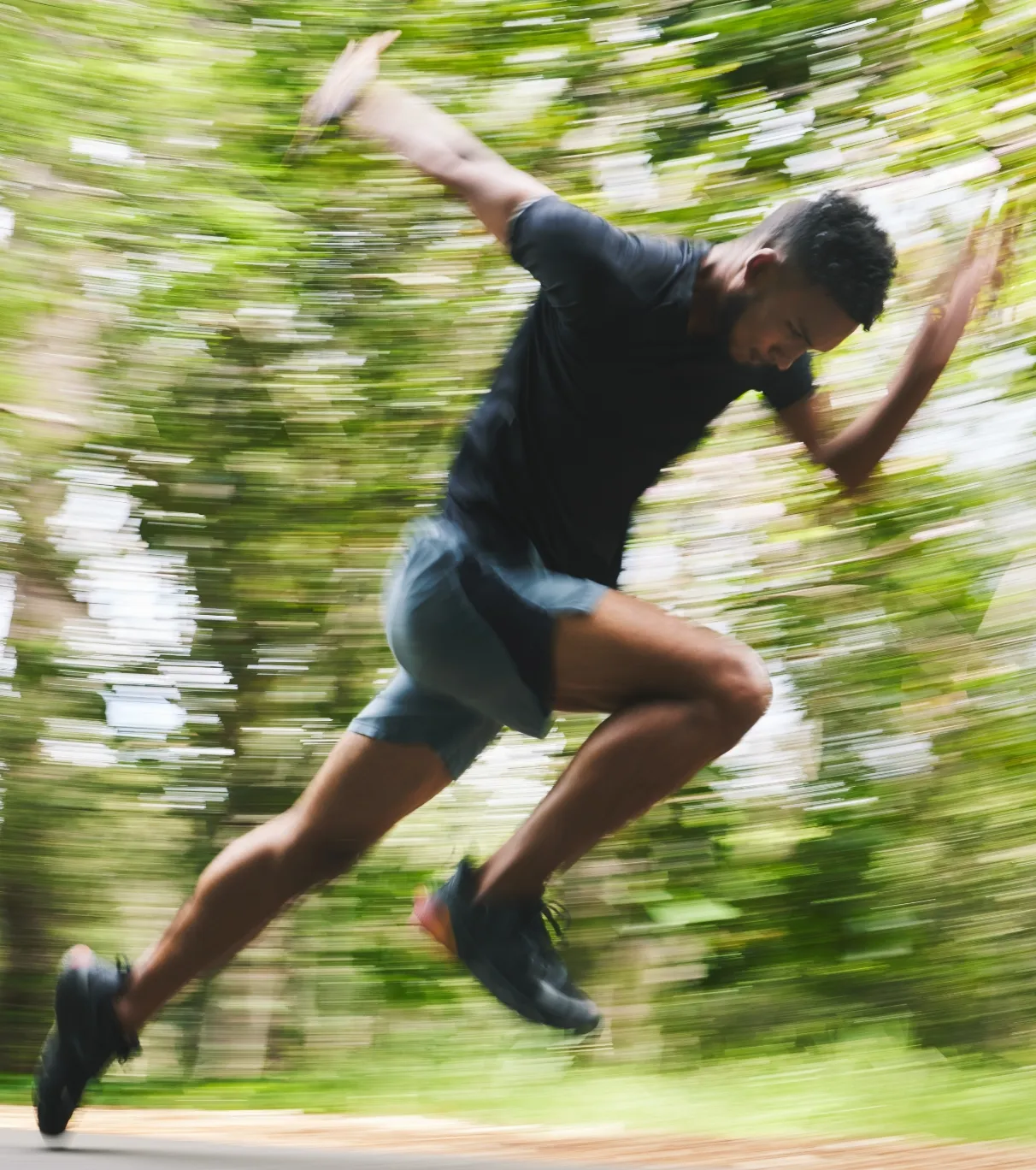 running fitness and blur of man in forest for mar utc